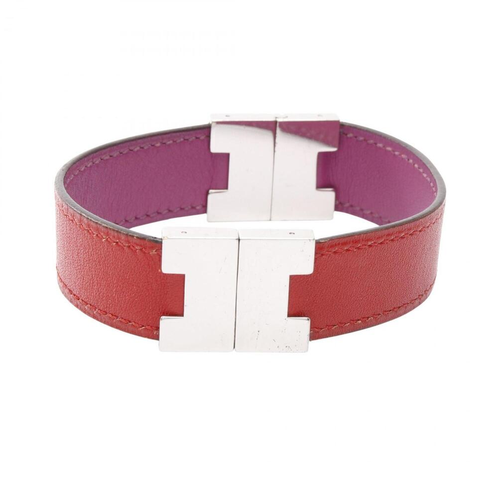 HERMES Silver Leather Charm Bracelet